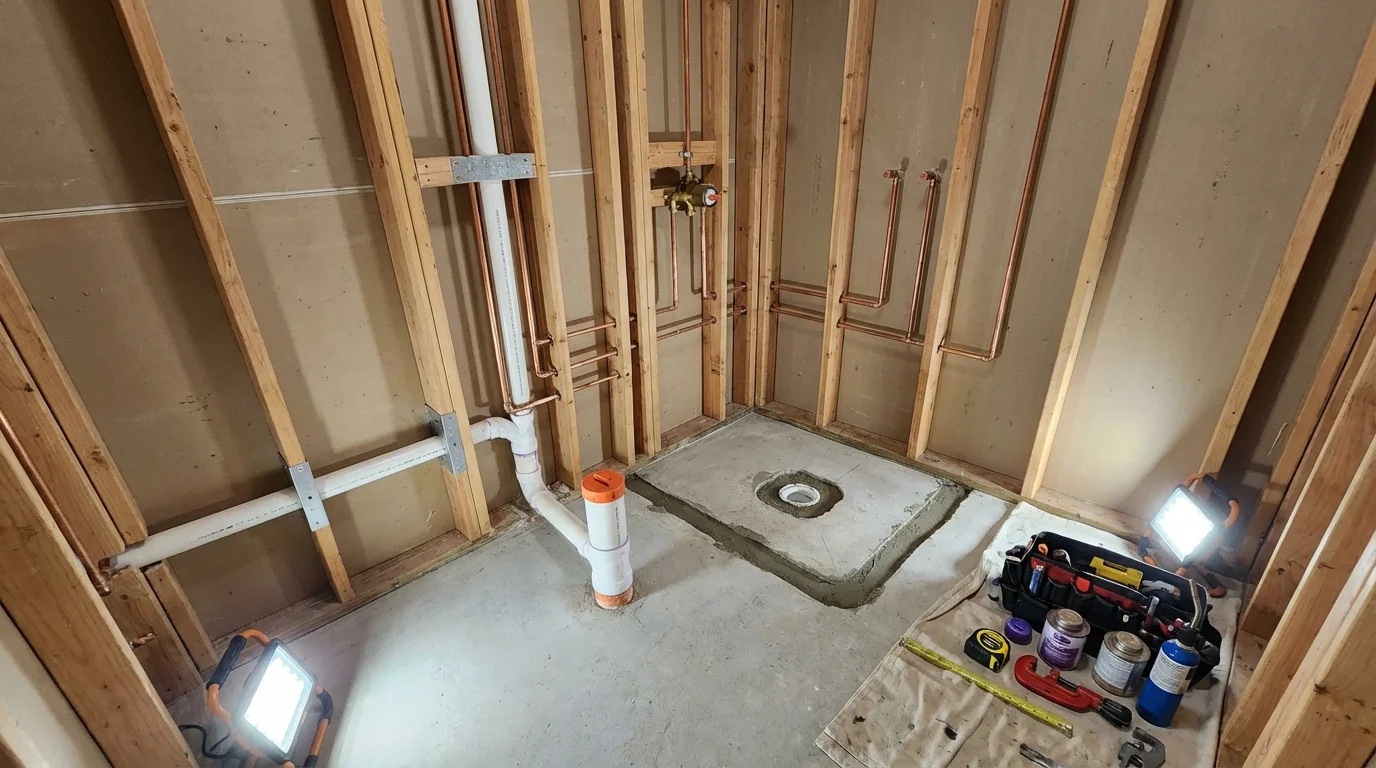 Bathroom rough-in plumbing during remodel by Johns Plumbing LLC in Killeen