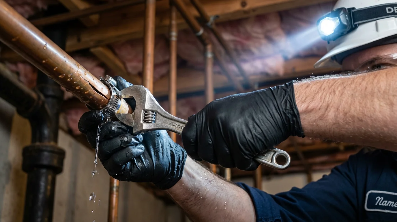 Emergency pipe clamp repair being performed by a Johns Plumbing LLC plumber in Killeen