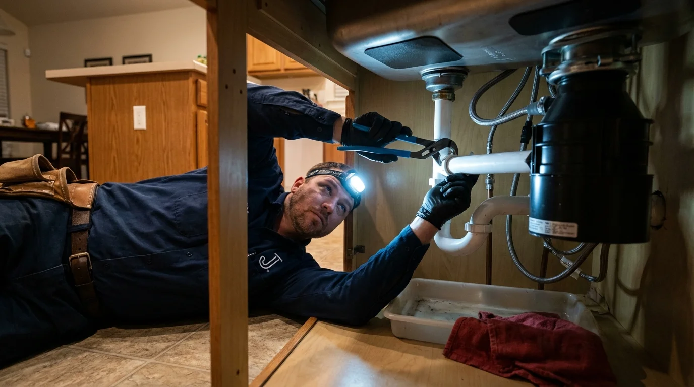 P-trap and supply line connections under a kitchen sink showing a common leak point in Killeen, TX